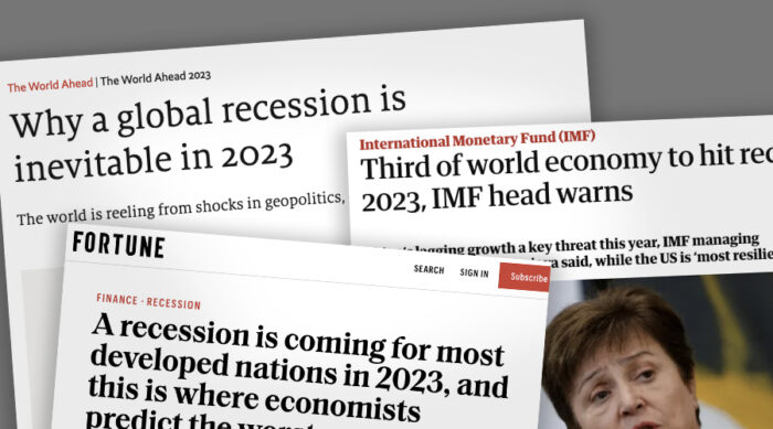 News post screenshots with headlines with predictions about a coming recession.