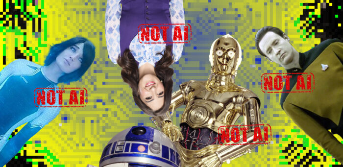 Illustration showing famous AI characters in Sci-Fi: Cortana, Janet from the Good Place, Data from Star Trek, and C-3PO and R2-D2 from Start Wars.